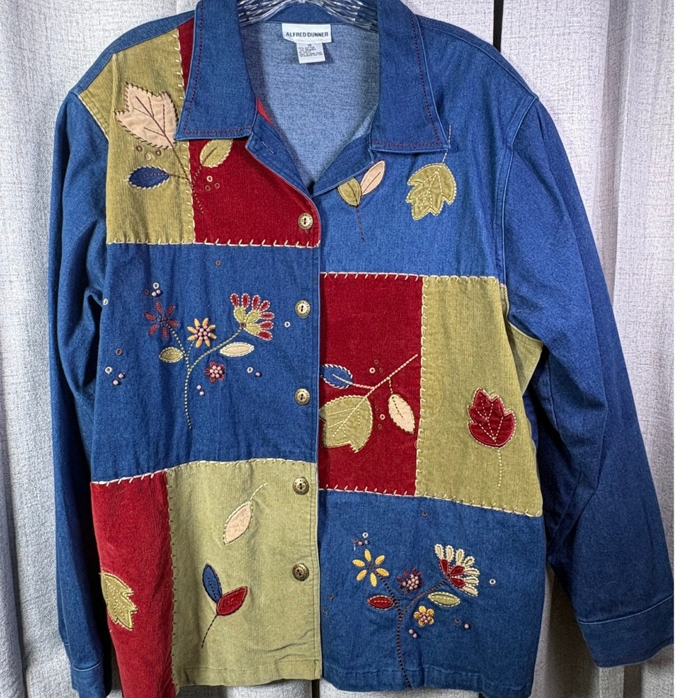 Alfred Dunner Womens Denim Patchwork Jacket Floral Embroidered Corduroy Blue  18 - Picture 2 of 10
